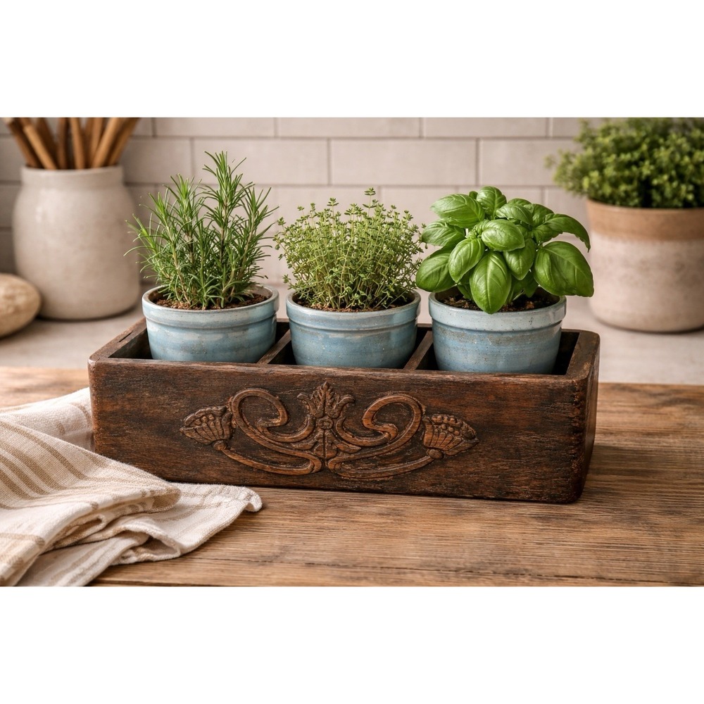 Vintage Carved Wood Box 3 Slot Farmhouse Kitchen Holder/Organizer Rustic Decor - Picture 2 of 15